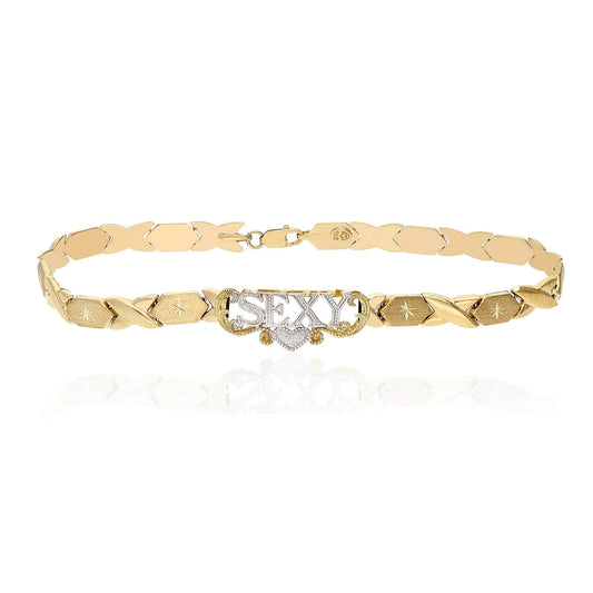 10K Yellow Gold Diamond-Cut Stampato XO "SEXY" Anklet (Hollow) 10"