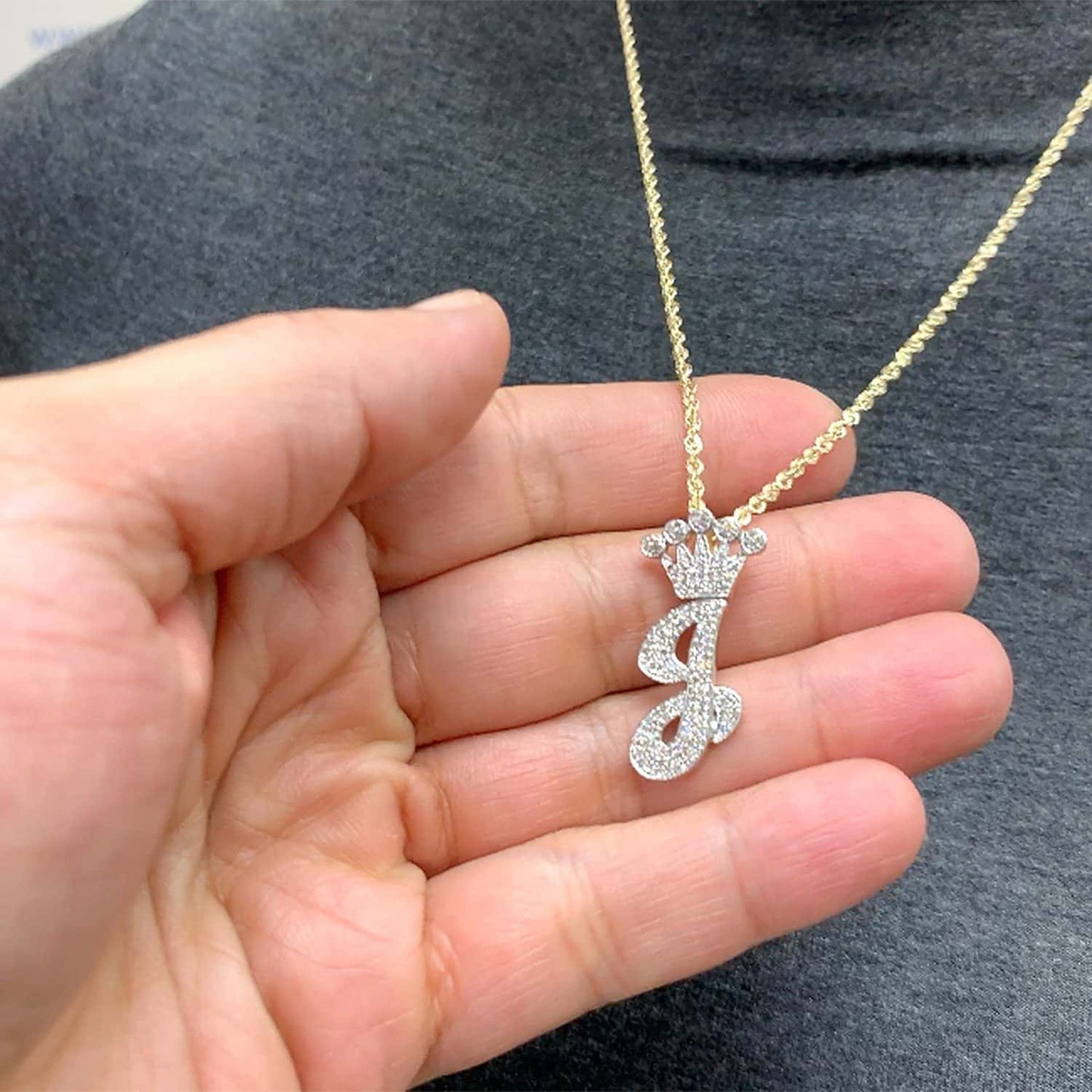0.50CTW Real Diamond 10K Yellow Gold Crown Alphabet Letter Pendant 1.18"