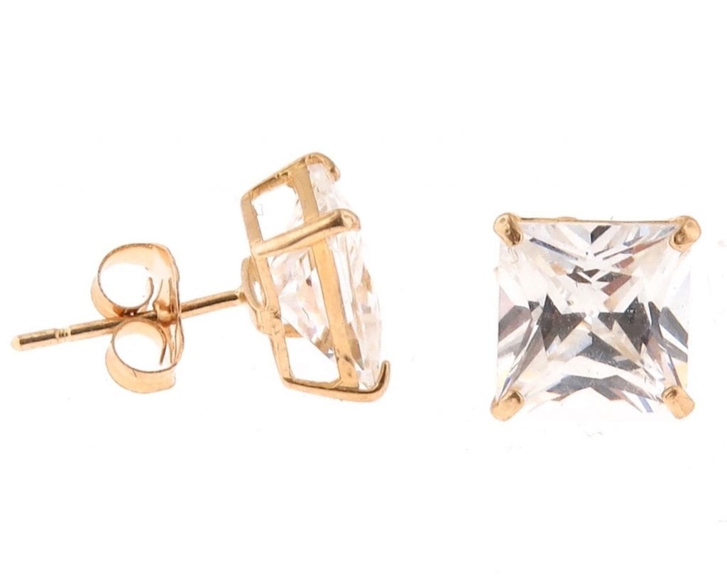 1.5CT Princess Cut CZ 14K Yellow Gold Push Back Stud Earrings