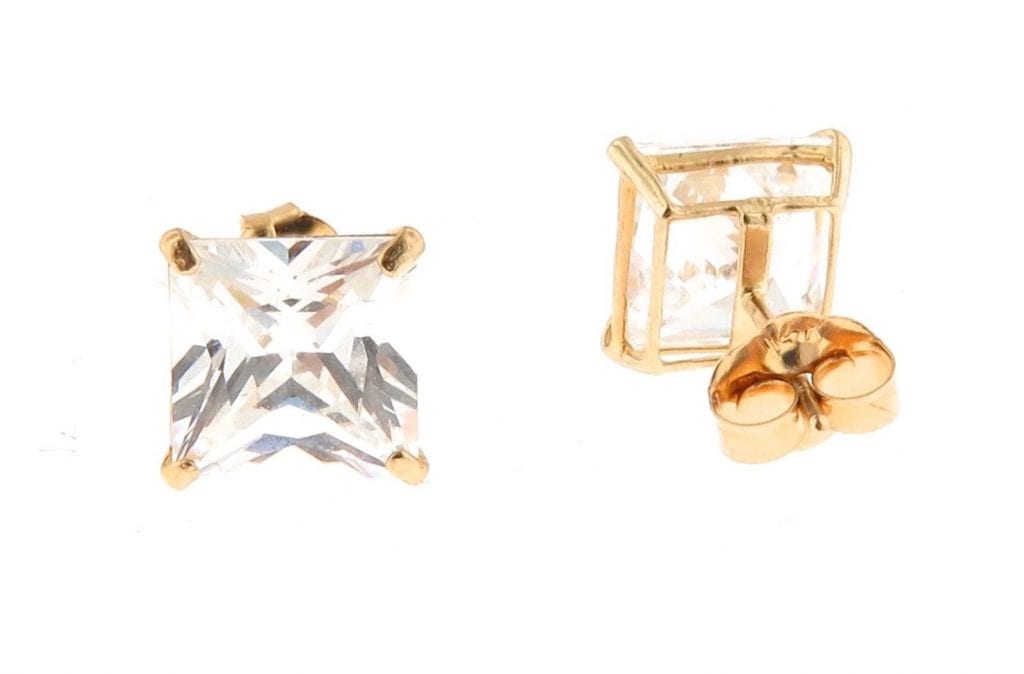 1.5CT Princess Cut CZ 14K Yellow Gold Push Back Stud Earrings