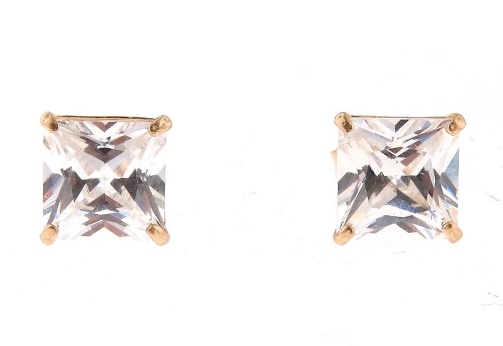 1.5CT Princess Cut CZ 14K Yellow Gold Push Back Stud Earrings