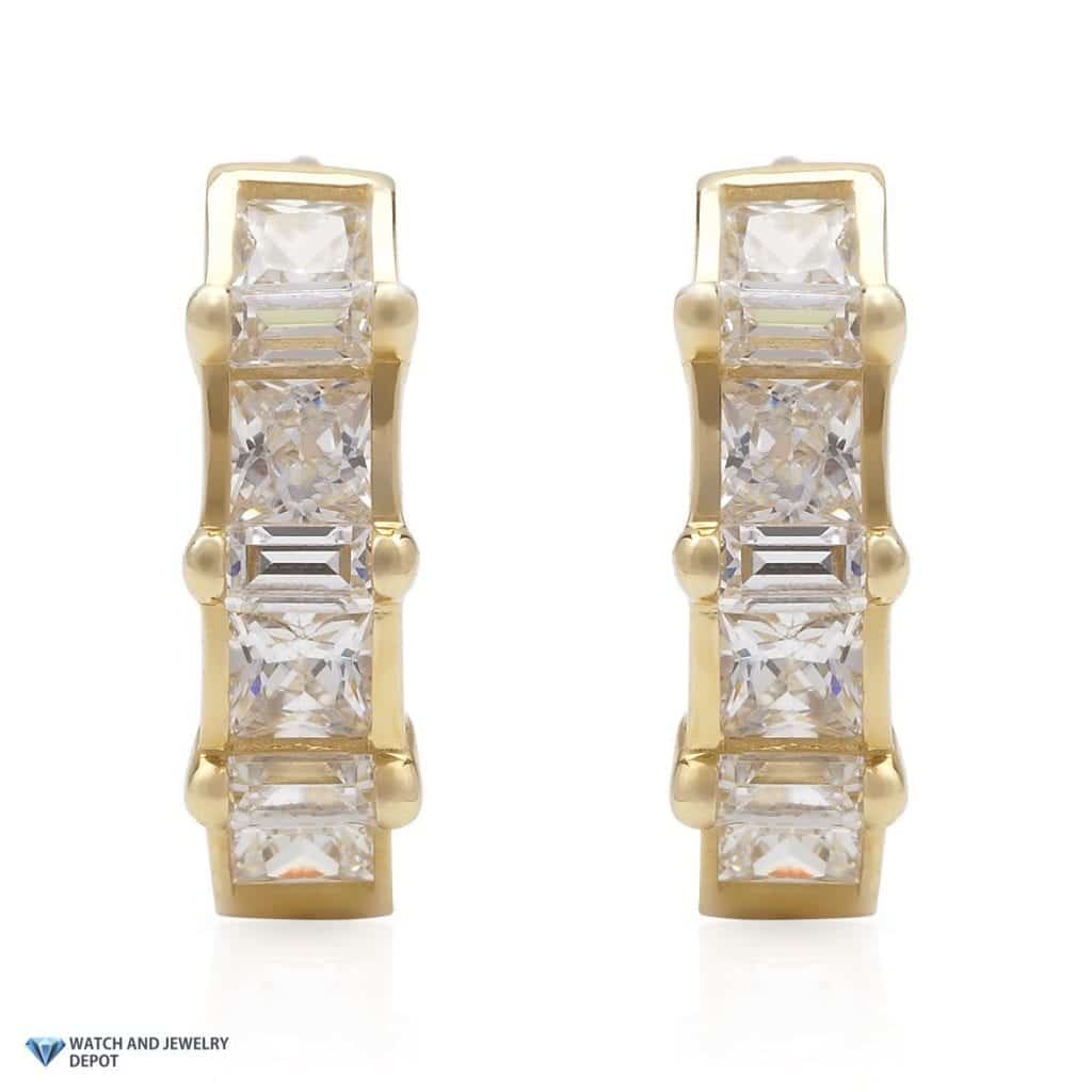 1.5Ct CZ Princess Baguette 14K Yellow Gold Huggie Earrings 0.5"