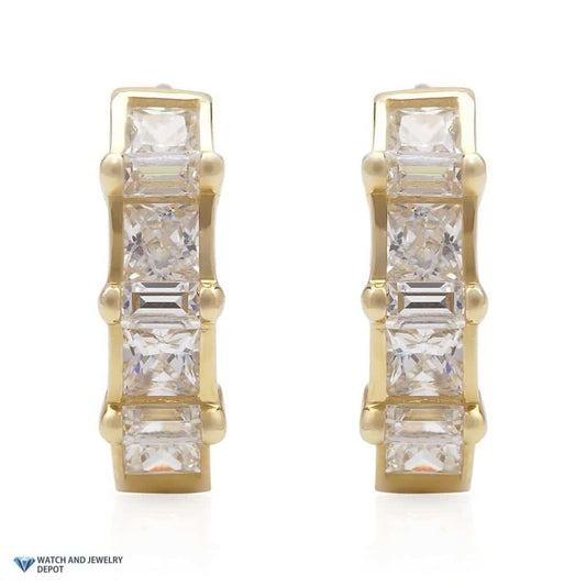 1.5Ct CZ Princess Baguette 14K Yellow Gold Huggie Earrings 0.5"