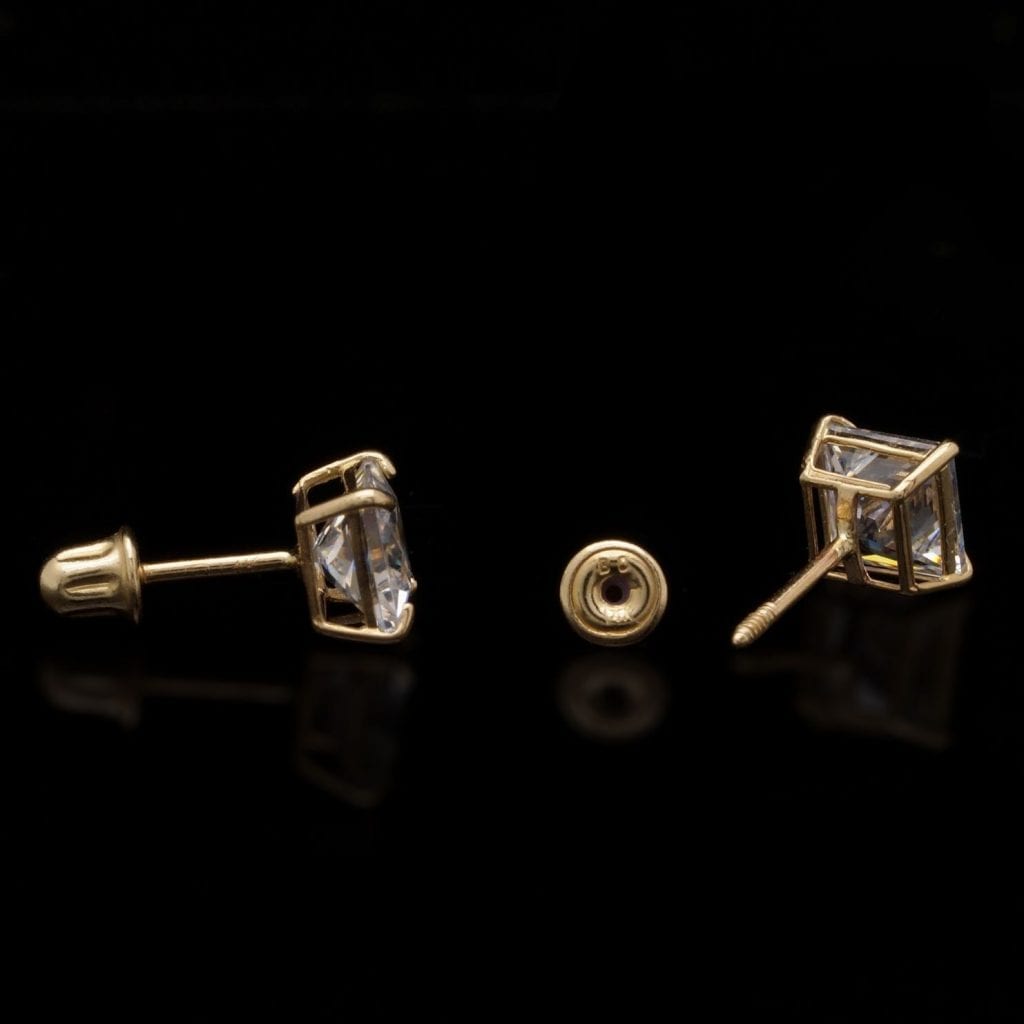 1.5Ct CZ Princess Cut 14K Yellow Gold Stud Earrings 5mm