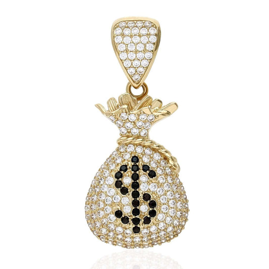 10K Yellow Gold Encrusted With White & Black Zirconia Dollar Cash Bag Pendant