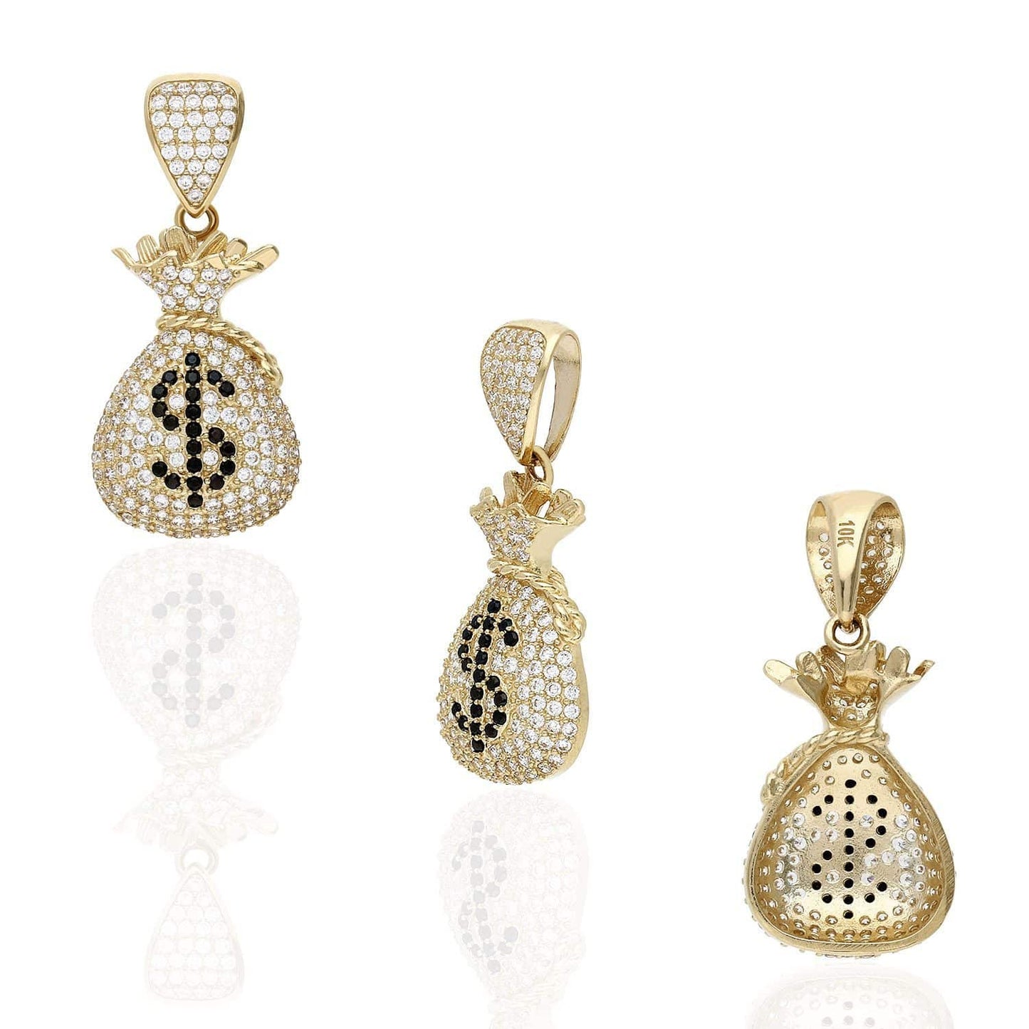 10K Yellow Gold Encrusted With White & Black Zirconia Dollar Cash Bag Pendant
