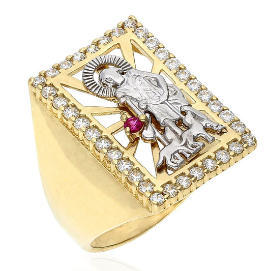 10K Gold Yellow White Zirconia And Ruby Saint Lazarus Rectangle Signet Ring
