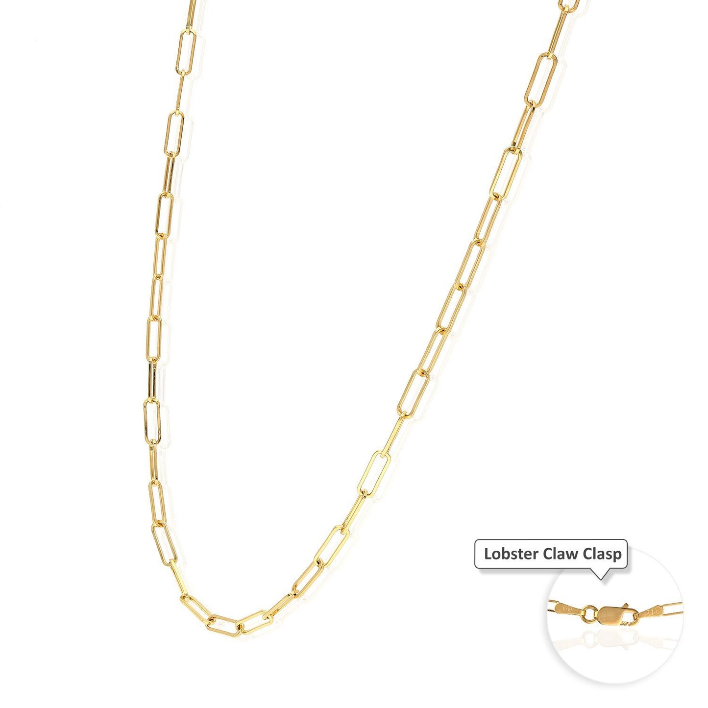 Solid 18K Yellow Gold 2mm Paperclip Elongated Open Chain Necklace 16"-24"