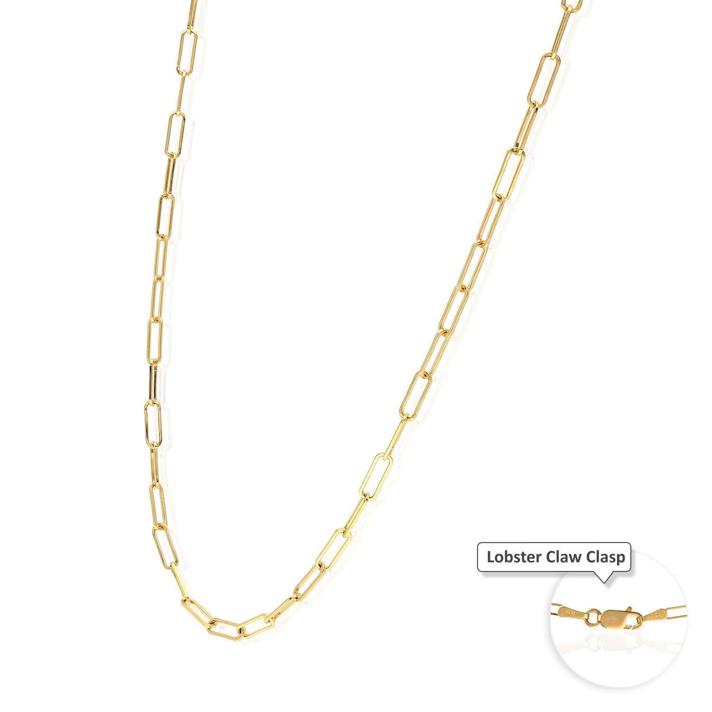 Solid 18K Yellow Gold 2mm Paperclip Elongated Open Chain 16"-24"