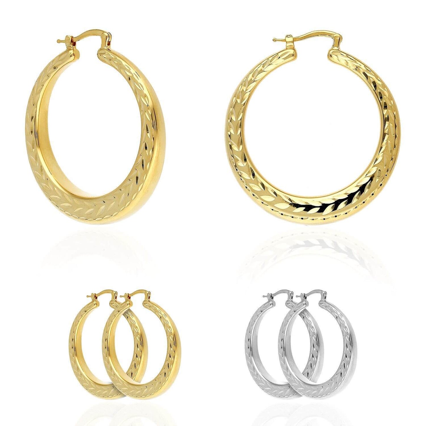 Yellow White Gold Tone 925 Sterling Silver Diamond-Cut Chunky Hoop Earrings 38mm