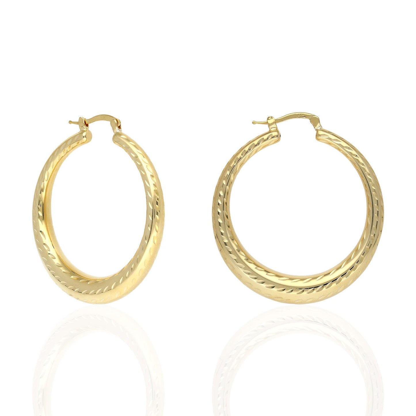 Yellow White Gold Tone 925 Sterling Silver Diamond Cut Chunky Hoop Earrings 39mm