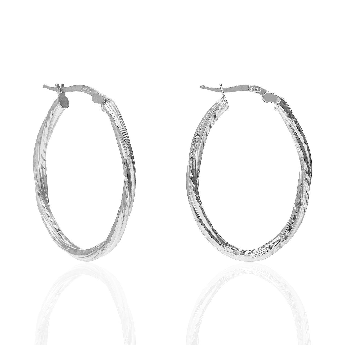 Yellow White Gold Tone Twisted Tube Diamond-Cut Oval 925 Silver Hoop Earrings