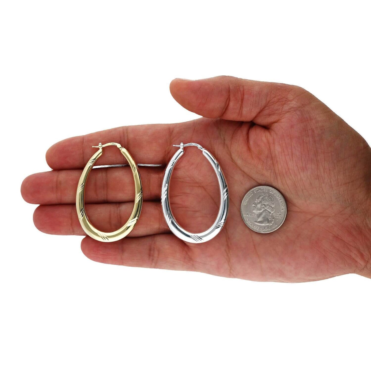925 Sterling Silver Yellow White Gold Tone Diamond Cut 51mm Oval Hoop Earrings