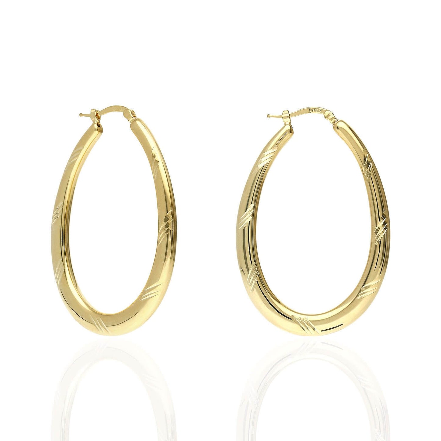 925 Sterling Silver Yellow White Gold Tone Diamond Cut 51mm Oval Hoop Earrings