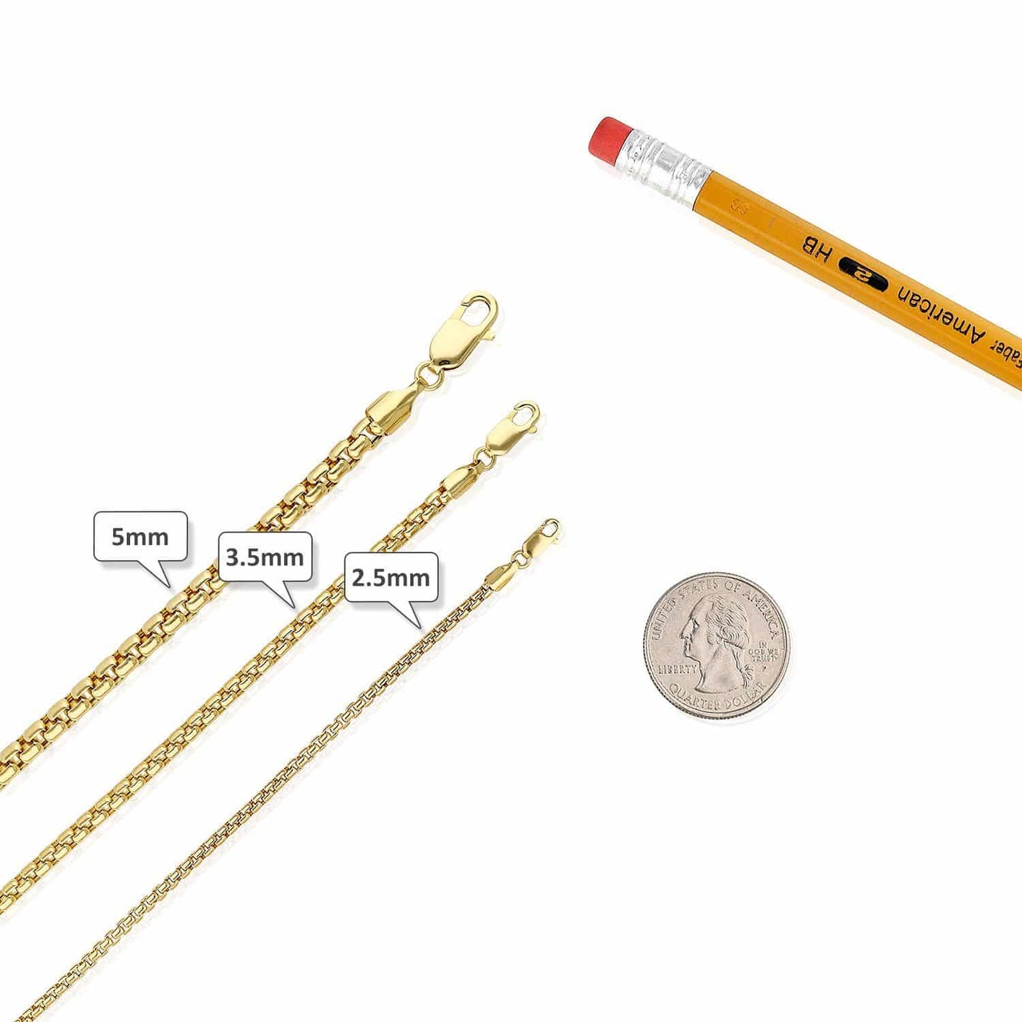 14K Real Gold 2.5mm, 3.5mm, 5mm Solid Round Box Ankle Bracelet 10"