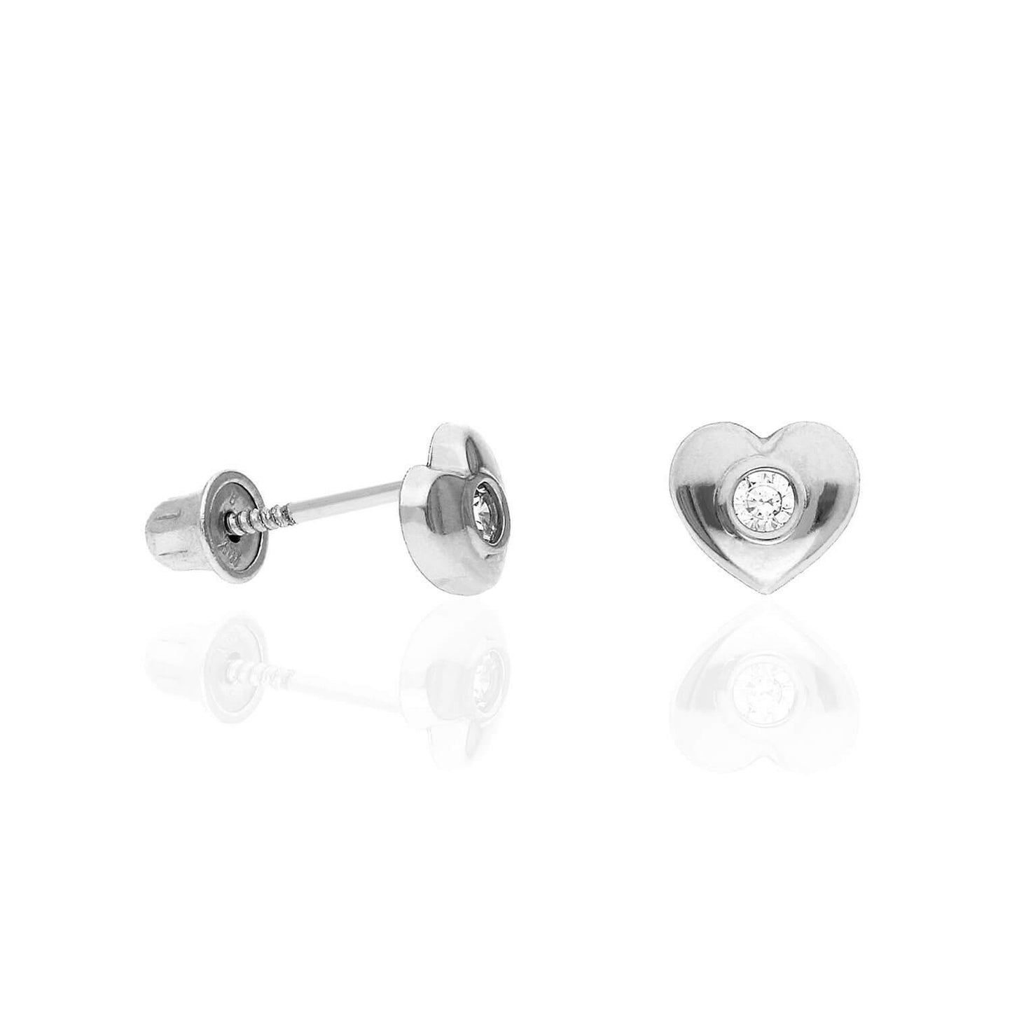 14K Gold Bezel Set White Zirconia Puffed Heart Stud Earrings