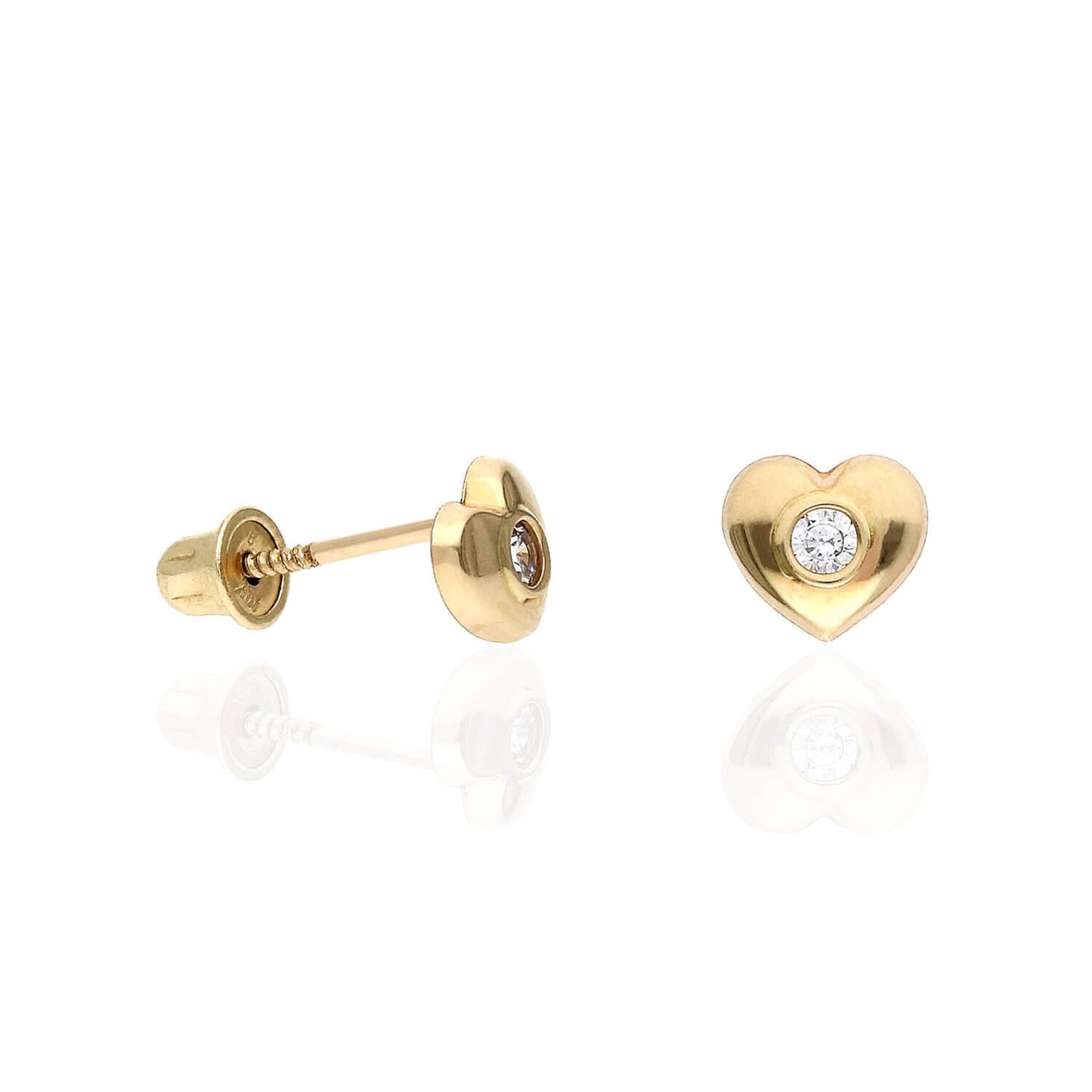 14K Gold Bezel Set White Zirconia Puffed Heart Stud Earrings