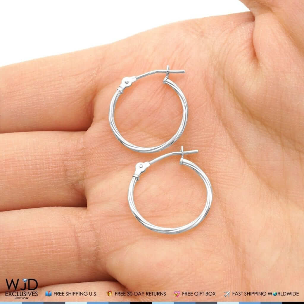 16mm Diameter Snap Closure Twisted Rope Style Hoop Earrings 14K White Gold