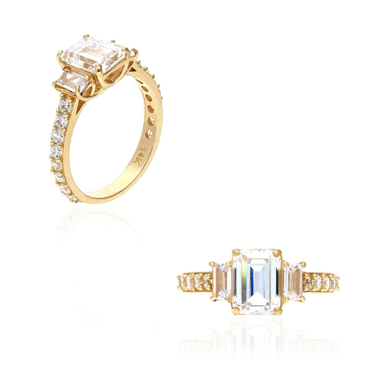 3Ct Emerald Cut CZ Three-Stone Engagement Ring 14K Gold Yellow
