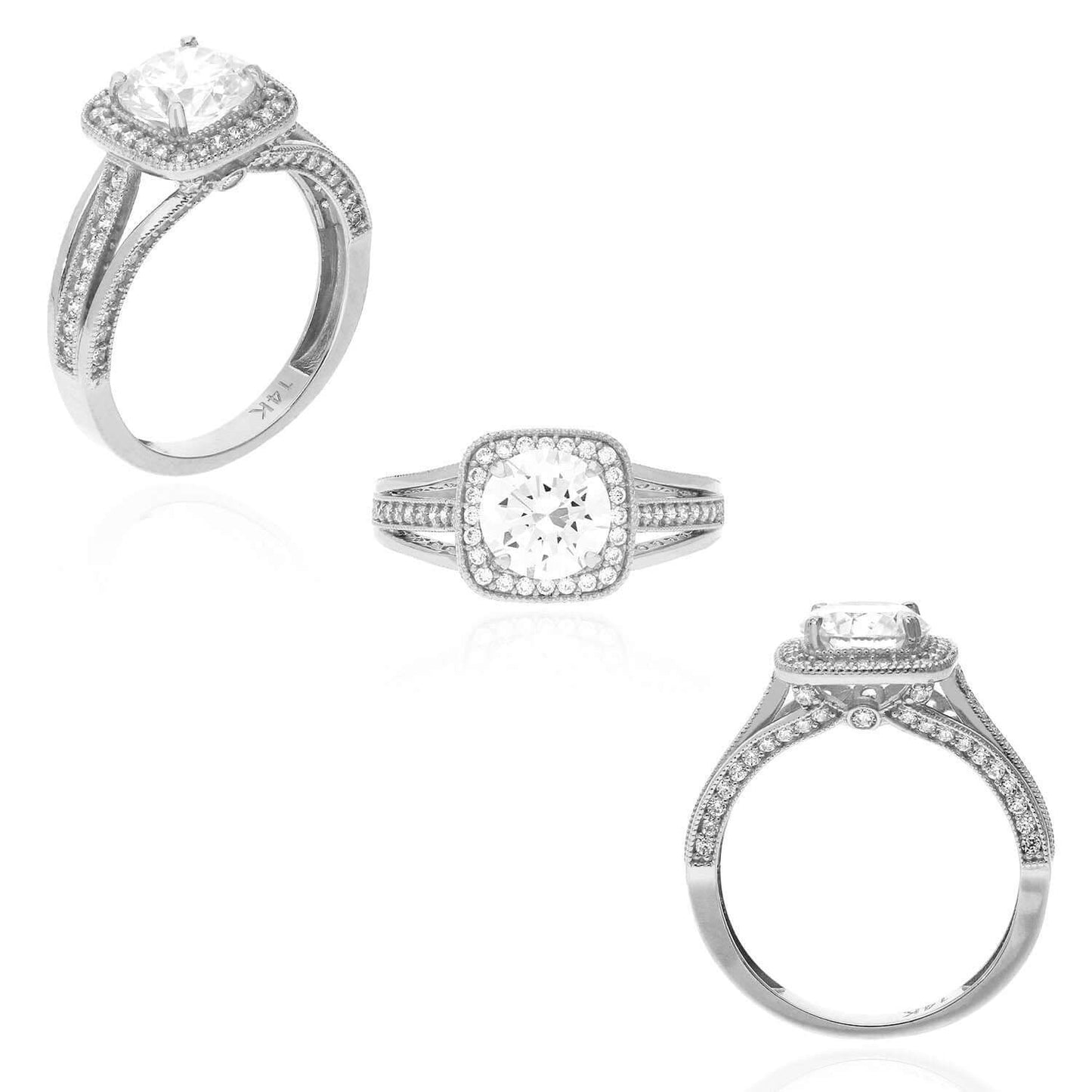 2.4CTW Round Cut CZ Square Halo Engagement Ring 14K Gold White