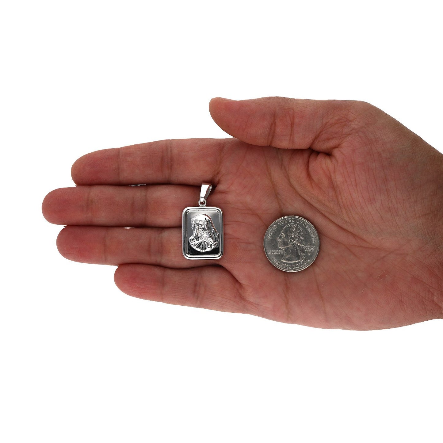 925 Silver Holy Mary Rectangle Medallion Pendant With 18" Cable Chain