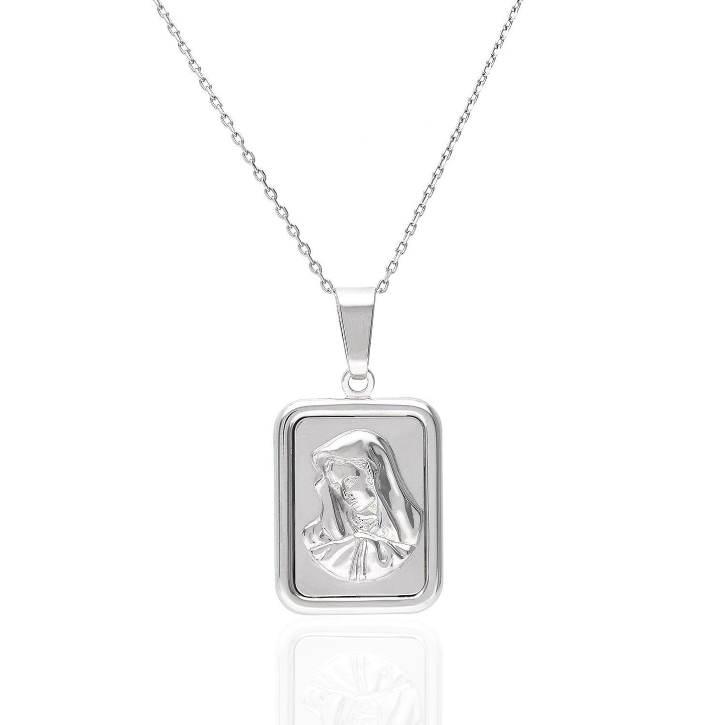 925 Silver Holy Mary Rectangle Medallion Pendant With 18" Cable Chain