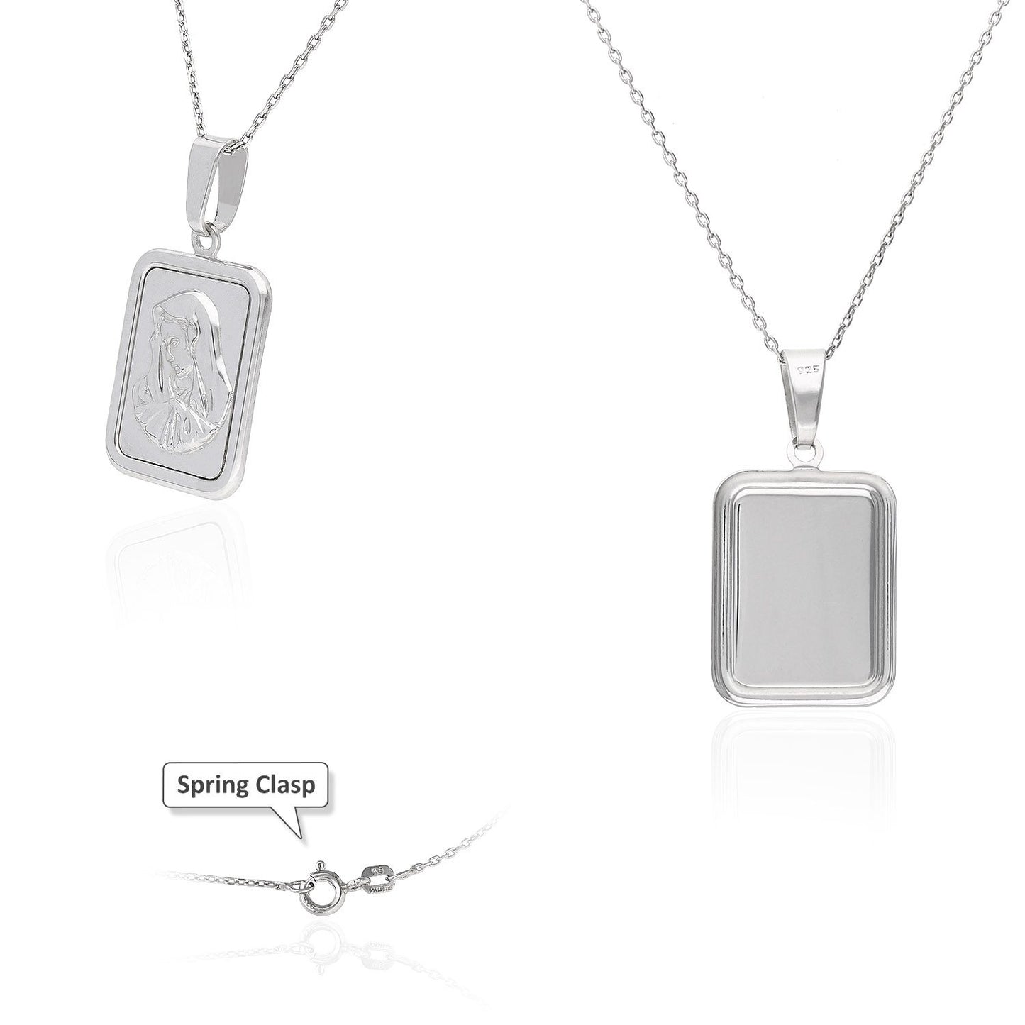 925 Silver Holy Mary Rectangle Medallion Pendant With 18" Cable Chain