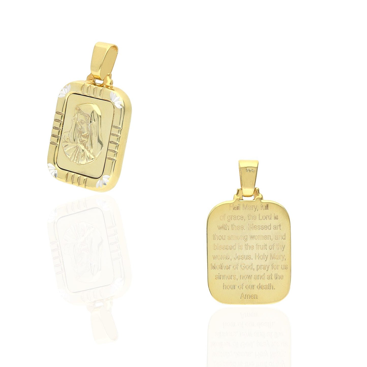 Yellow Gold Over 925 Silver Diamond Cut Holy Mary Rectangle Prayer Pendant