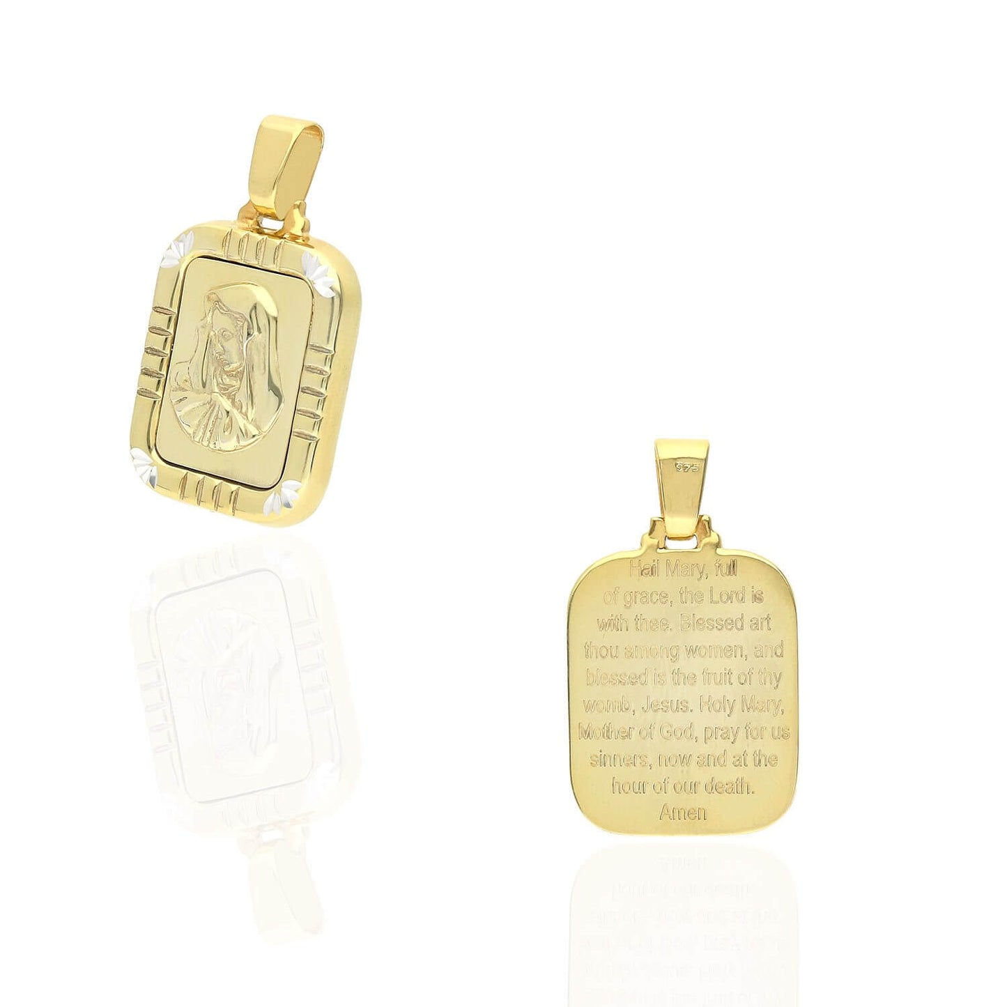 Yellow Gold Over 925 Silver Diamond-Cut Holy Mary Rectangle Prayer Pendant