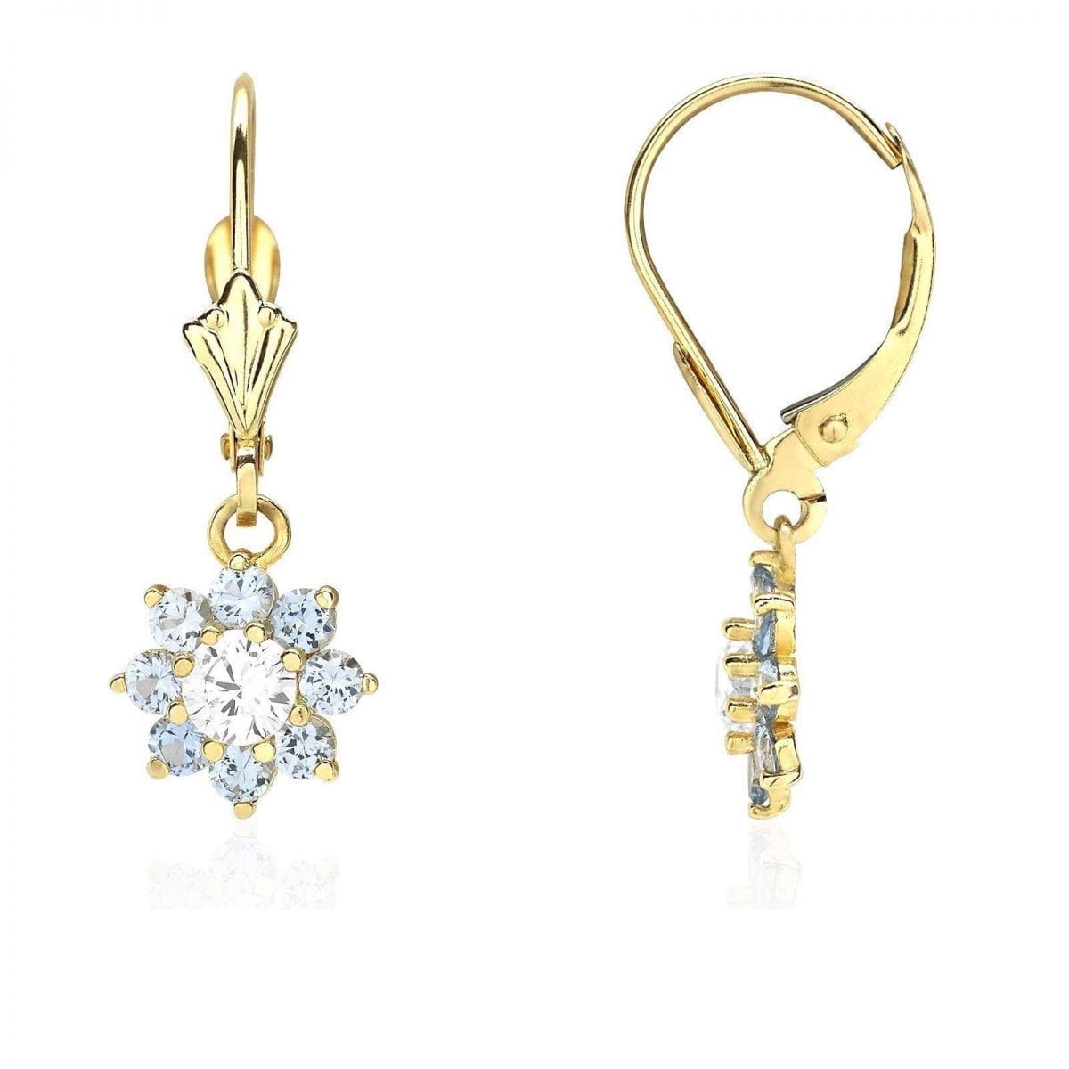 14K Yellow Gold CZ Birthstone Flower Dangle Leverback Earrings