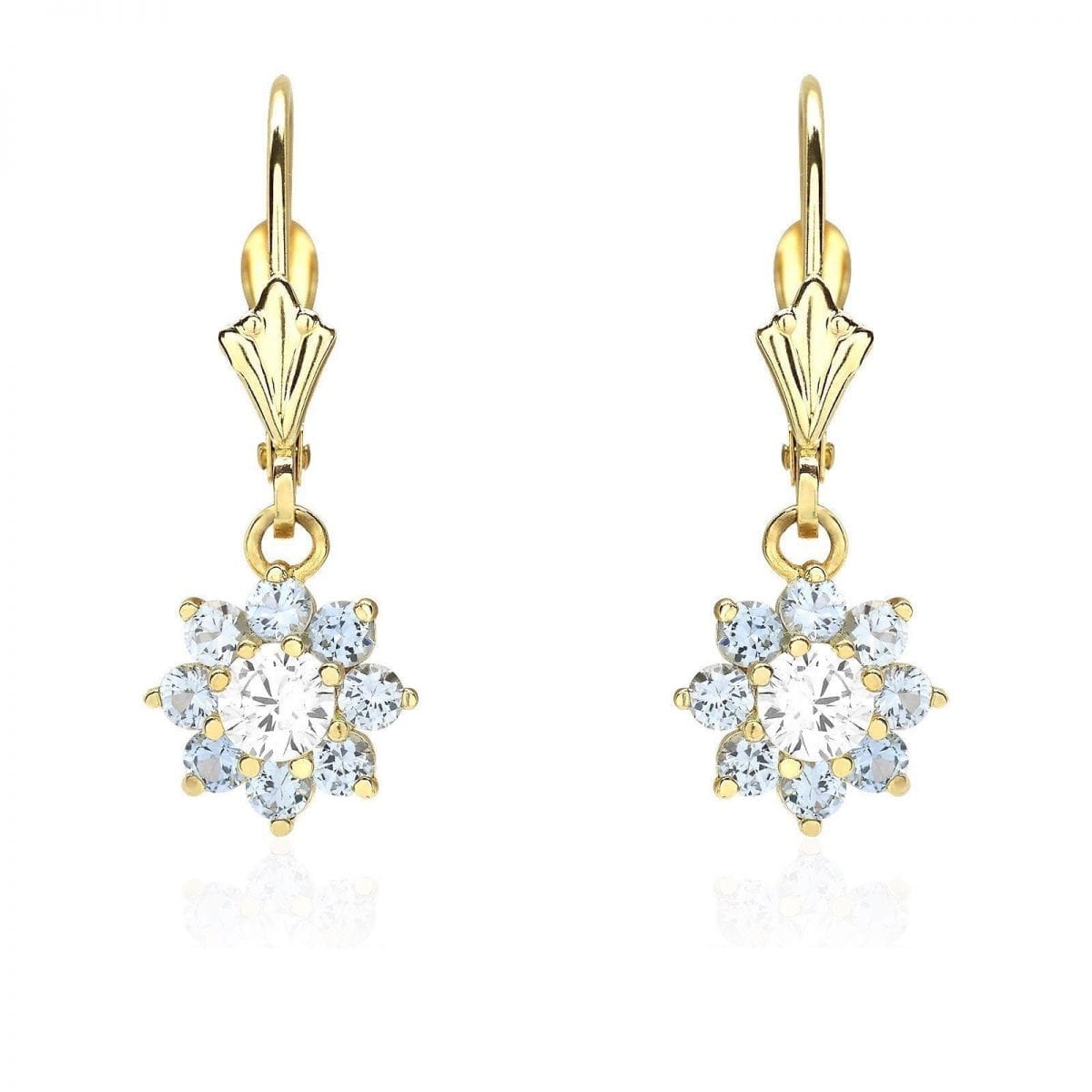 14K Yellow Gold CZ Birthstone Flower Dangle Leverback Earrings