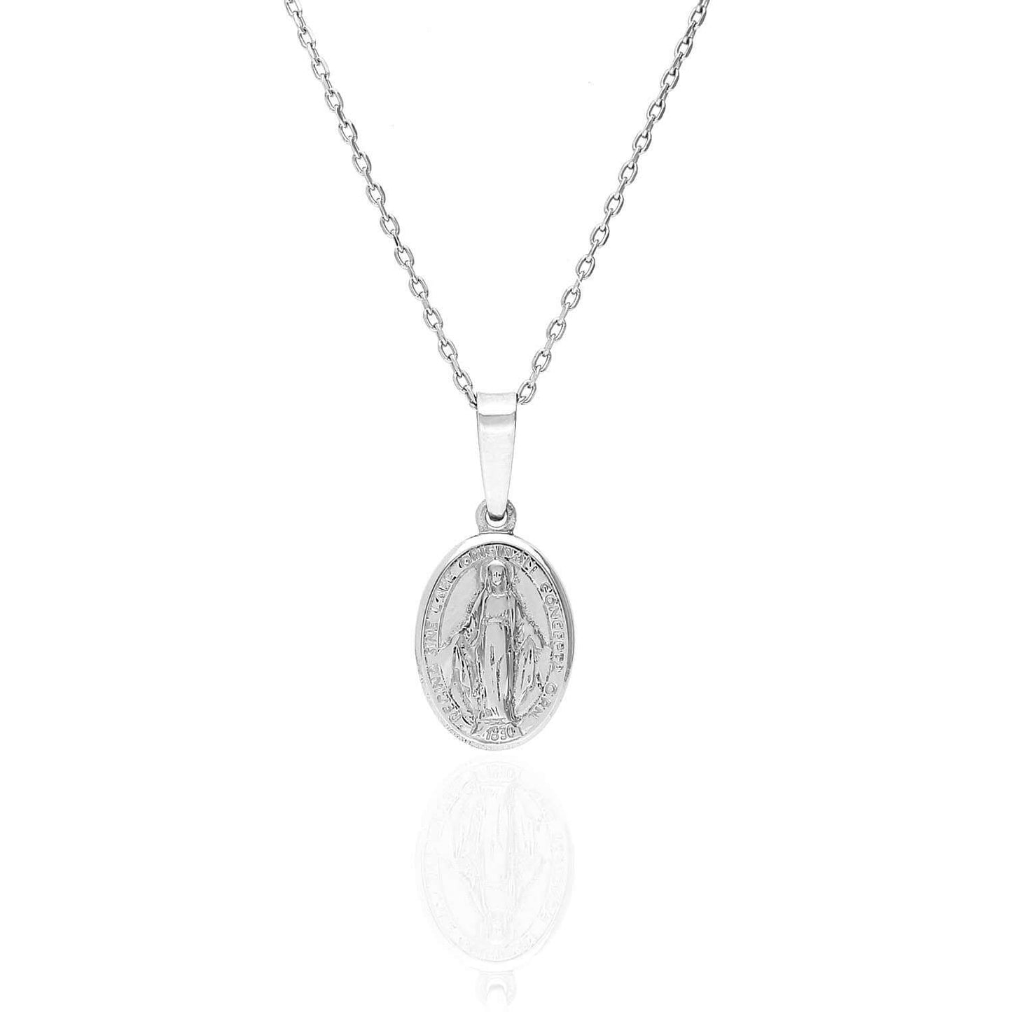 Sterling Silver Miraculous Virgin Mary Oval Medal Pendant With Chain 18"