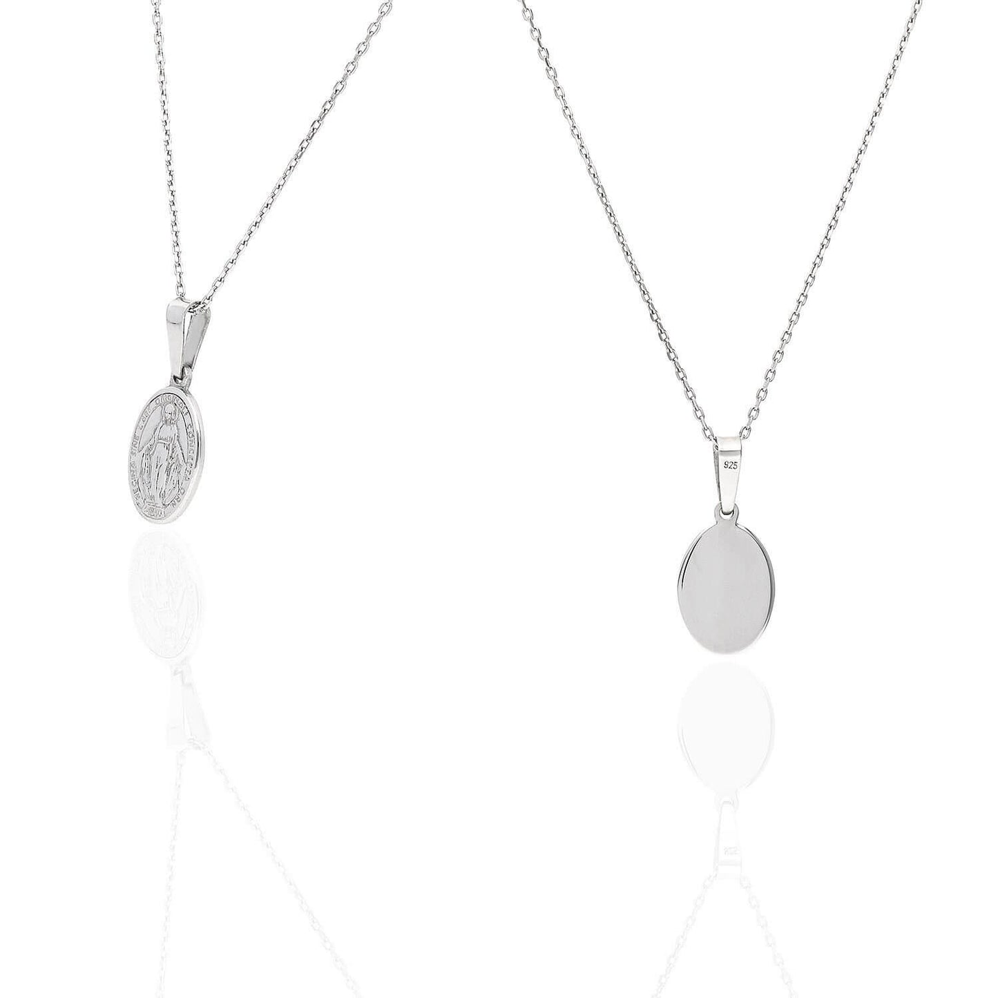 Sterling Silver Miraculous Virgin Mary Oval Medal Pendant With Chain 18"