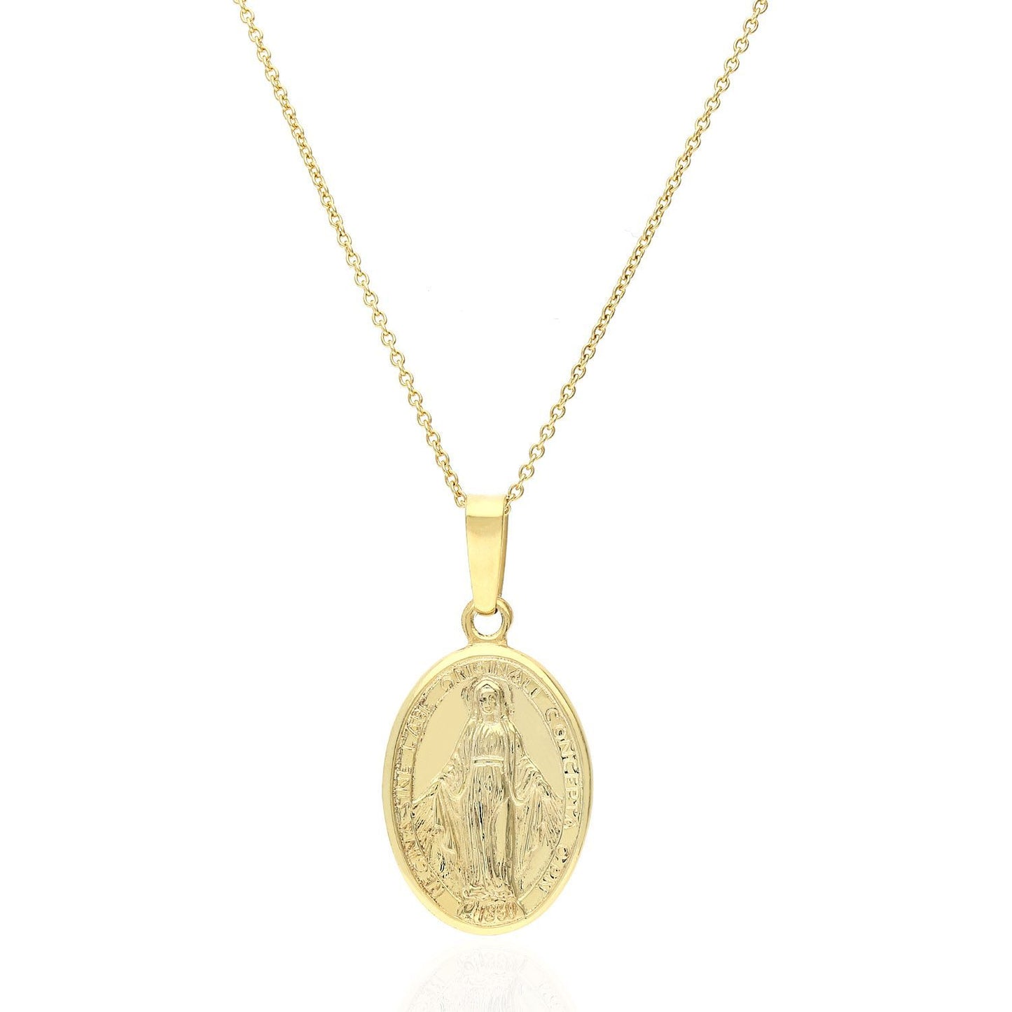 Yellow Gold Over 925 Silver Miraculous Virgin Mary Oval Medal With Chain 18"