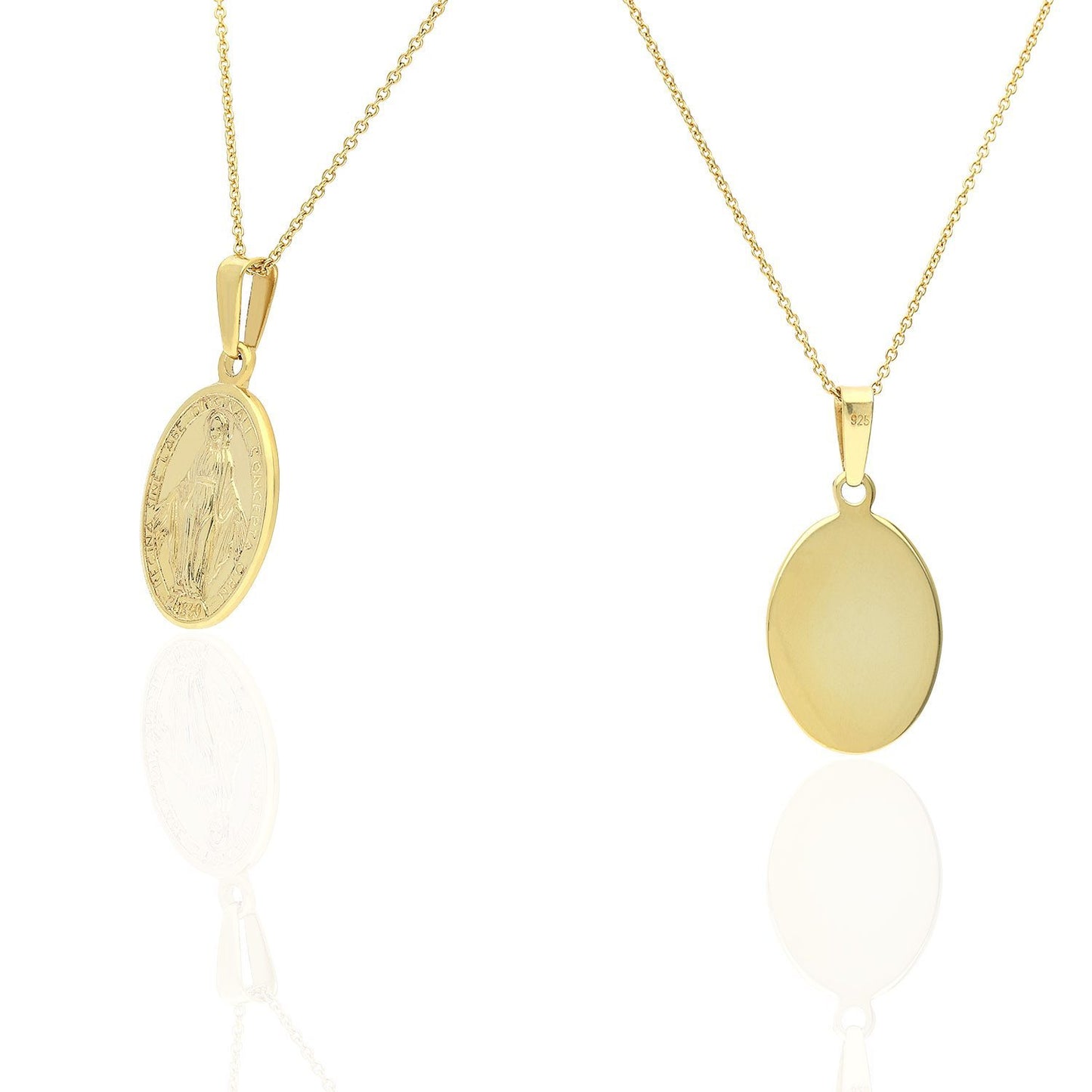 Yellow Gold Over 925 Silver Miraculous Virgin Mary Oval Medal With Chain 18"