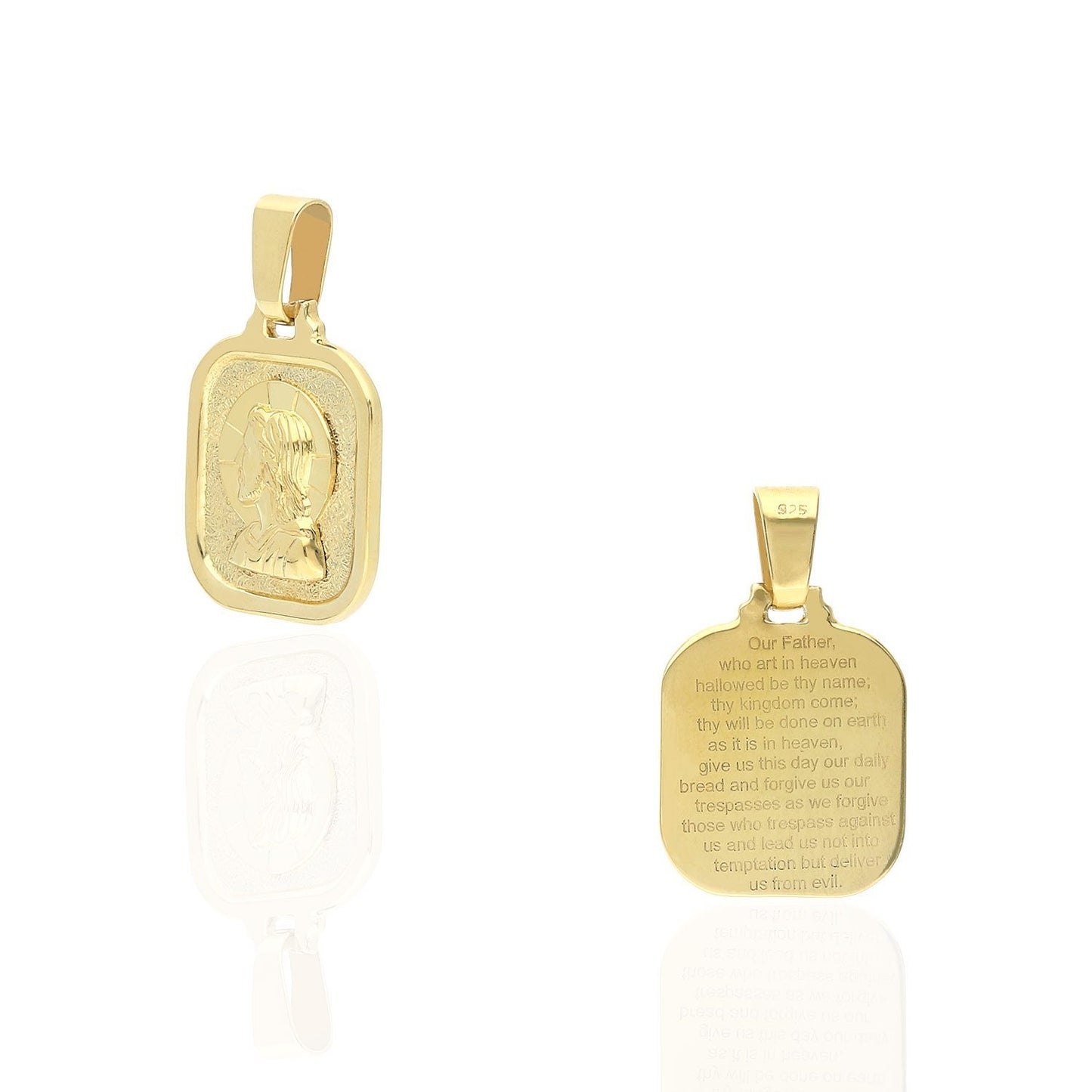 Yellow Gold Over 925 Sterling Silver Our Father Prayer Square Medallion Pendant