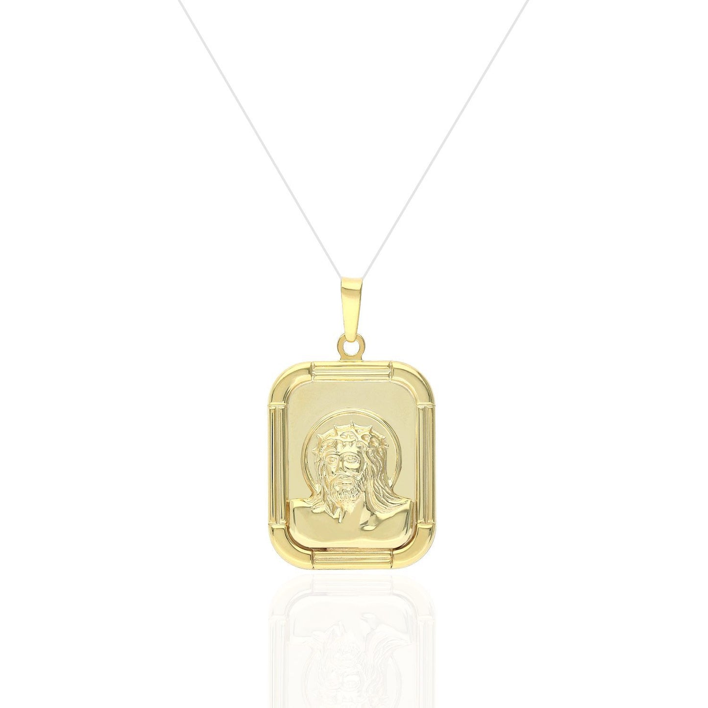 18K Yellow Gold Over Sterling Silver Jesus Head Rectangular Medal Pendant 1.46"