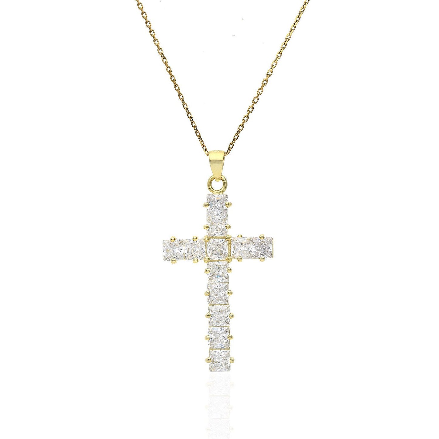 Yellow Gold Over 925 Silver 3.60CTW Princess Cut CZ Cross Pendant