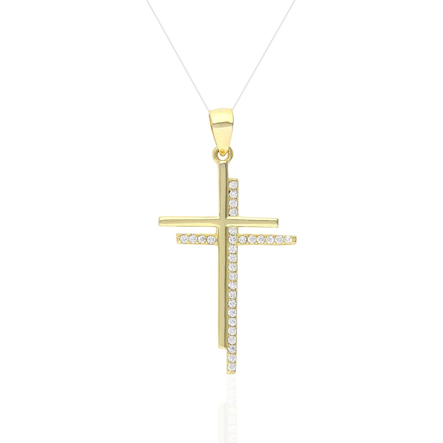 Yellow Gold Over 925 Sterling Silver 0.30Ct White Sapphire Double Cross Pendant