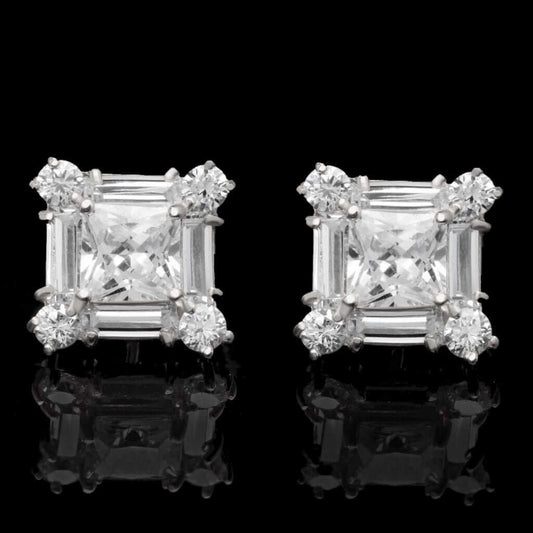 1.75Ct CZ 14K White Gold Cluster Stud Push Back Square Earrings