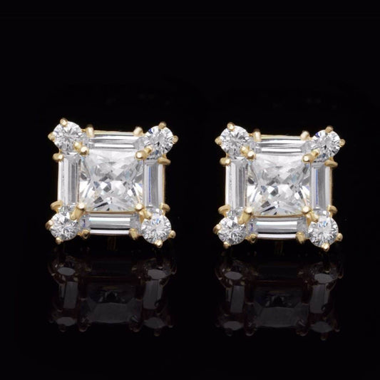 1.75CTW CZ Princess-Cut 14K Gold Cluster Square Stud Earrings