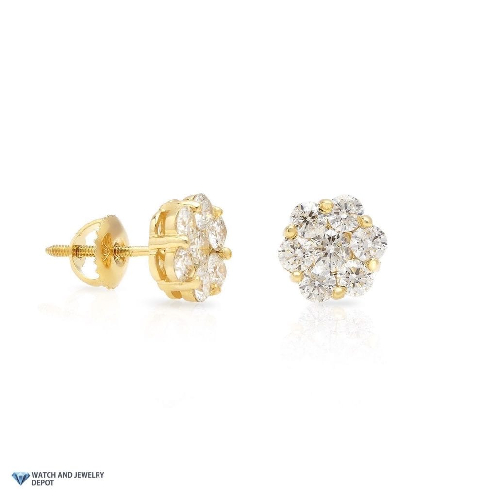 1.75Ct Real Diamond 14k Yellow Gold Flower Cluster Screw Back Stud Earrings