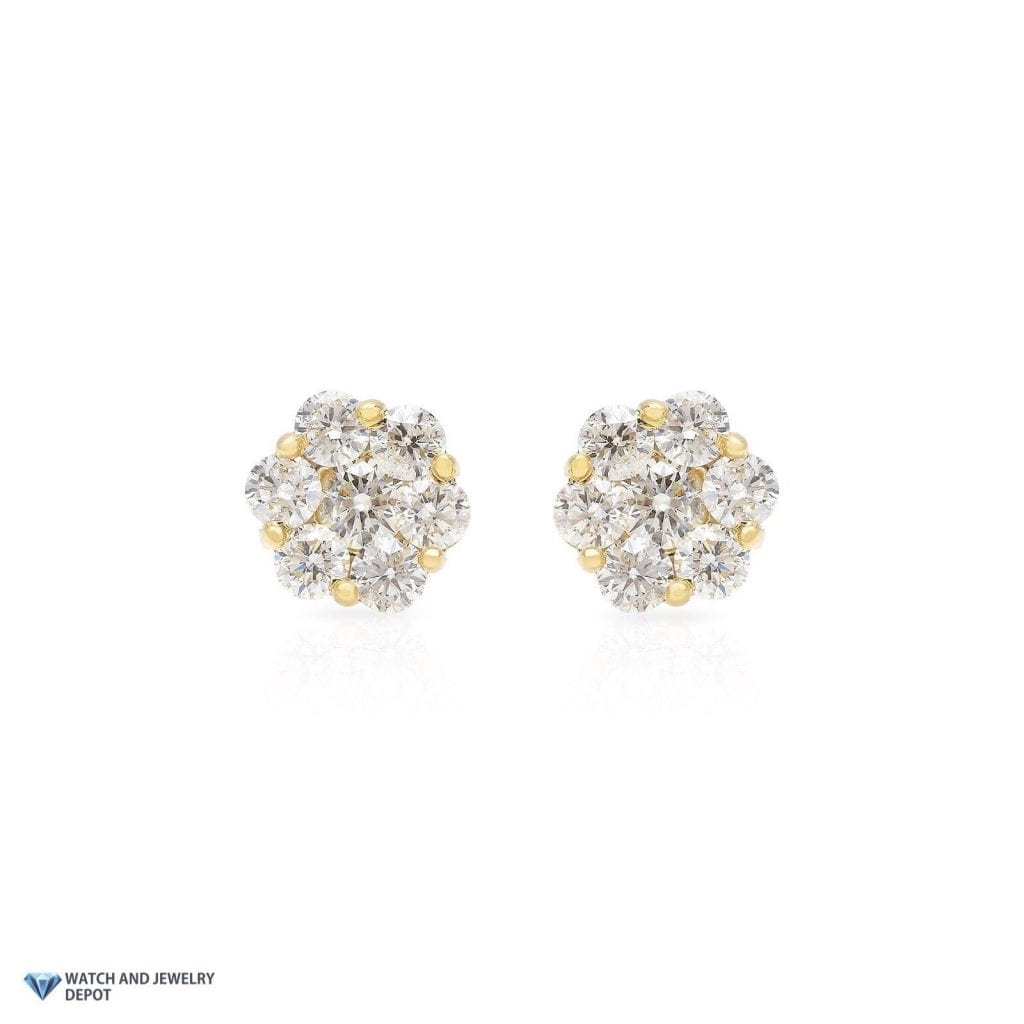 1.75Ct Real Diamond 14k Yellow Gold Flower Cluster Screw Back Stud Earrings