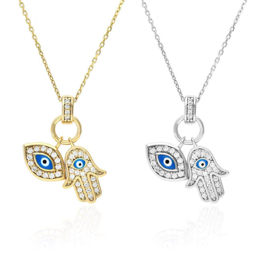 14K Gold Over Silver CZ Evil Eye Hamsa Pendant with 18" Necklace
