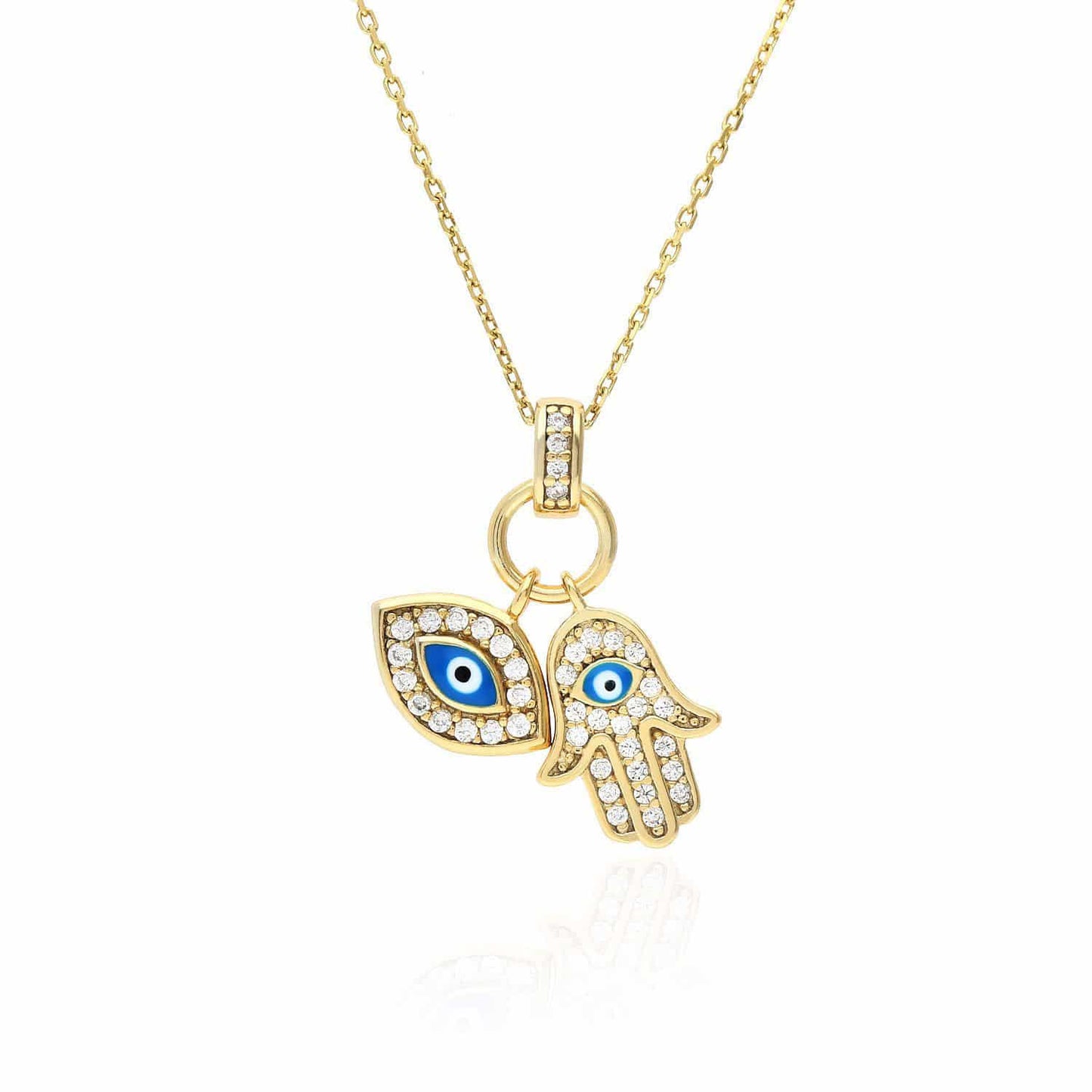 14K Gold Over Silver CZ Evil Eye Hamsa Pendant with 18" Necklace
