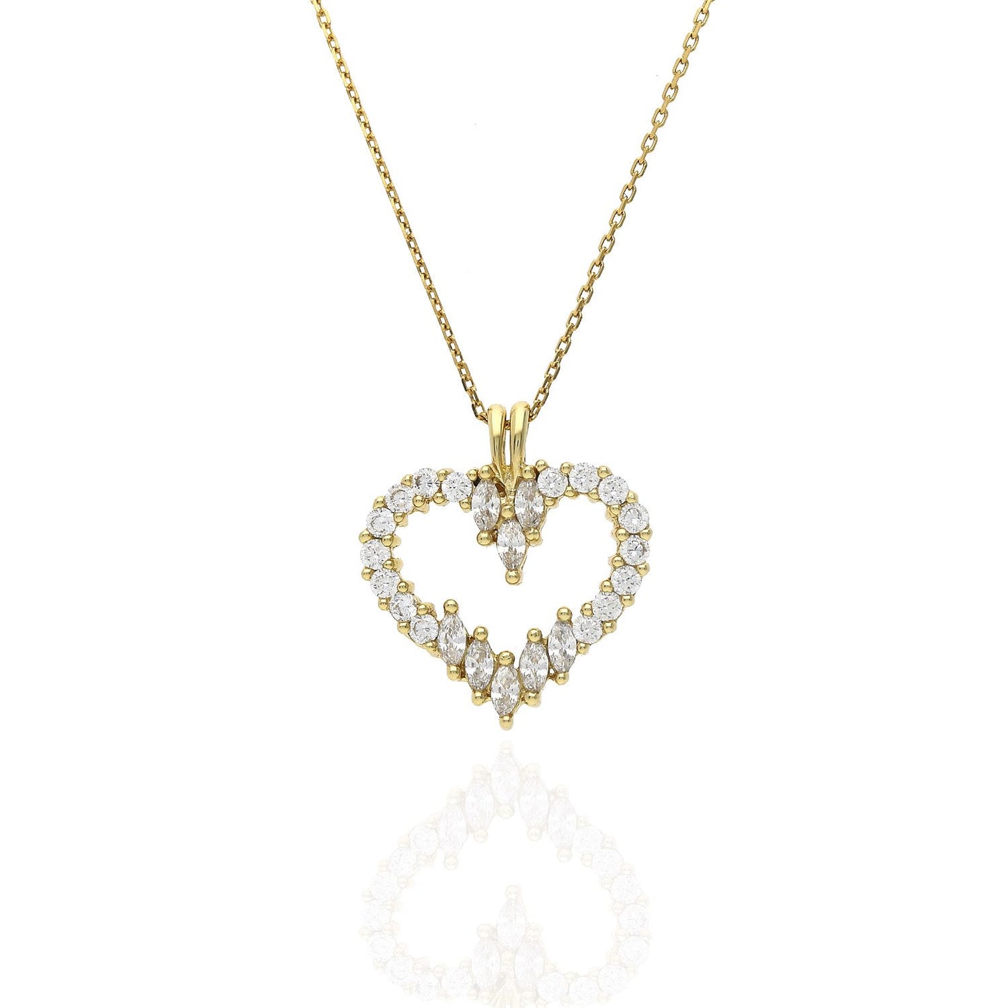 Gold Over Silver Round & Marquise CZ Open Heart Pendant Necklace