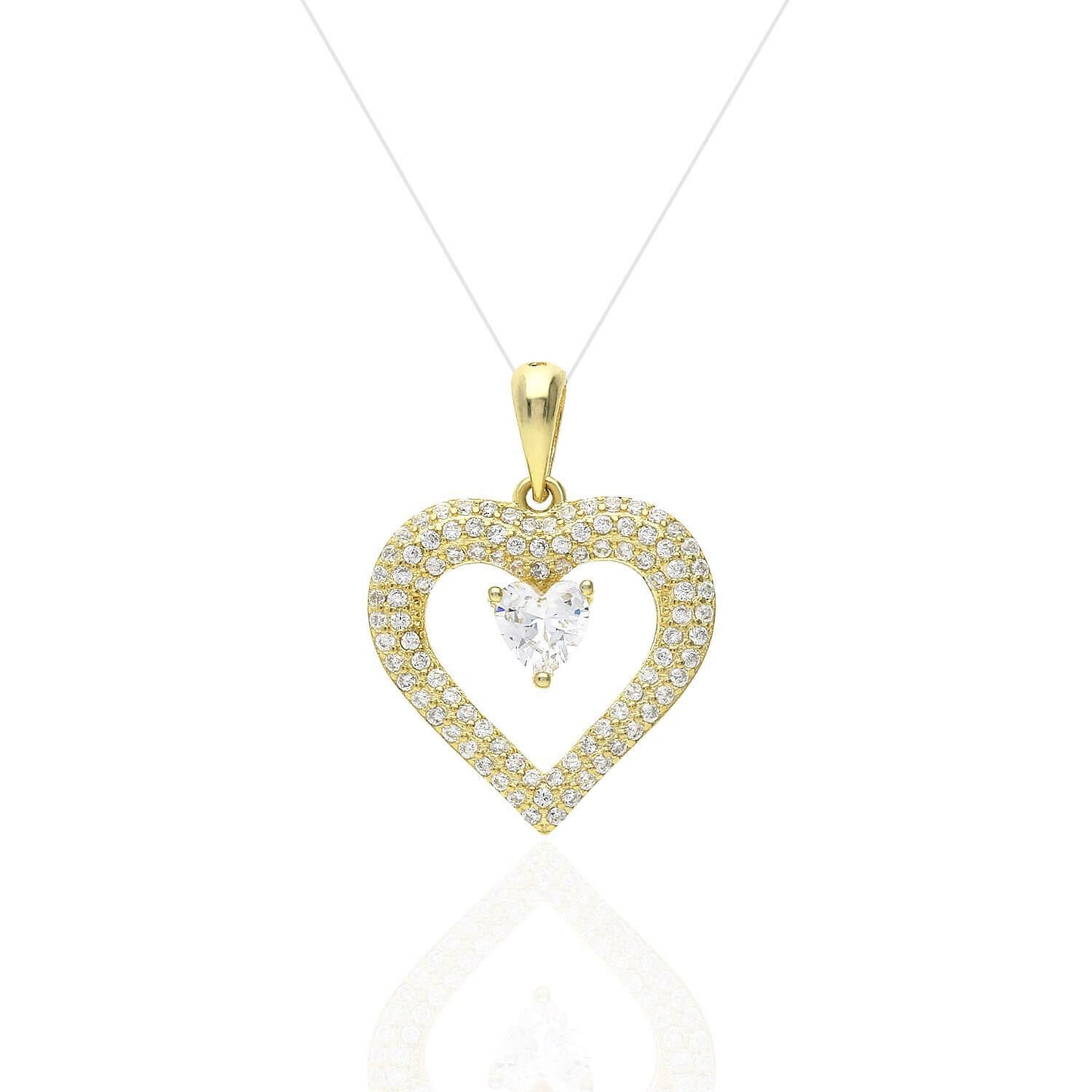 Gold Over Silver Solitaire Round White Sapphire Open Heart Pendant Necklace 18"