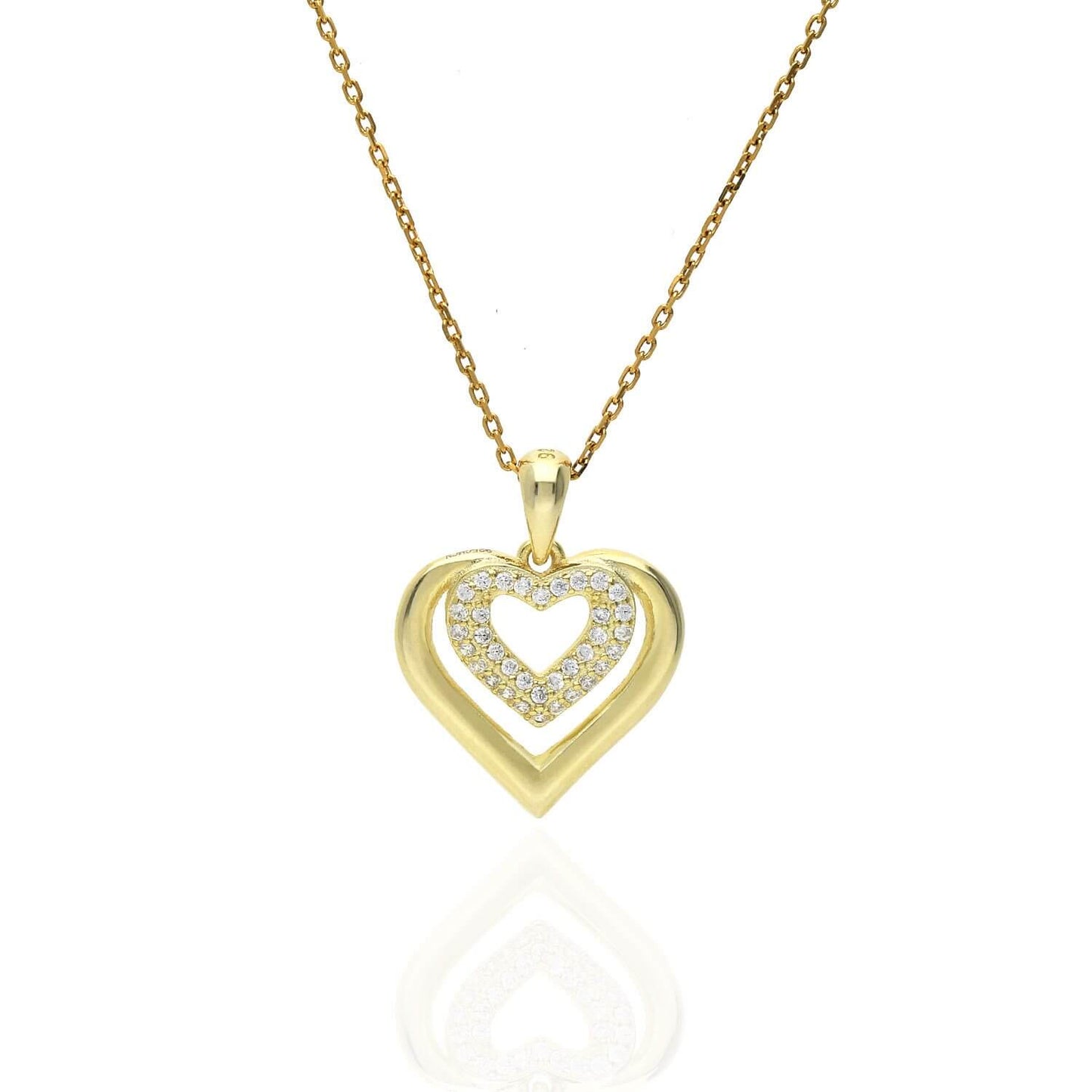 0.35Ct CZ Accent Double Heart Pendant Necklace - Gold Tone Silver