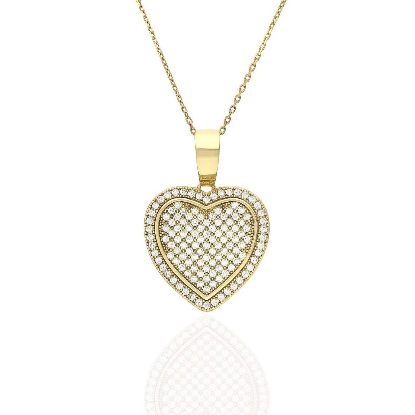 Pave CZ Heart Pendant Necklace 18" In Yellow Gold Tone Sterling Silver