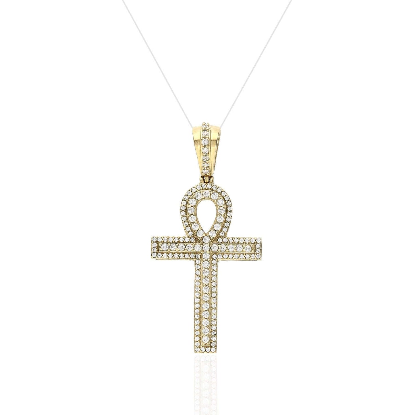 1.4Ct CZ Pave Ankh Cross Egyptian Symbol of Life 14k Gold Pendant